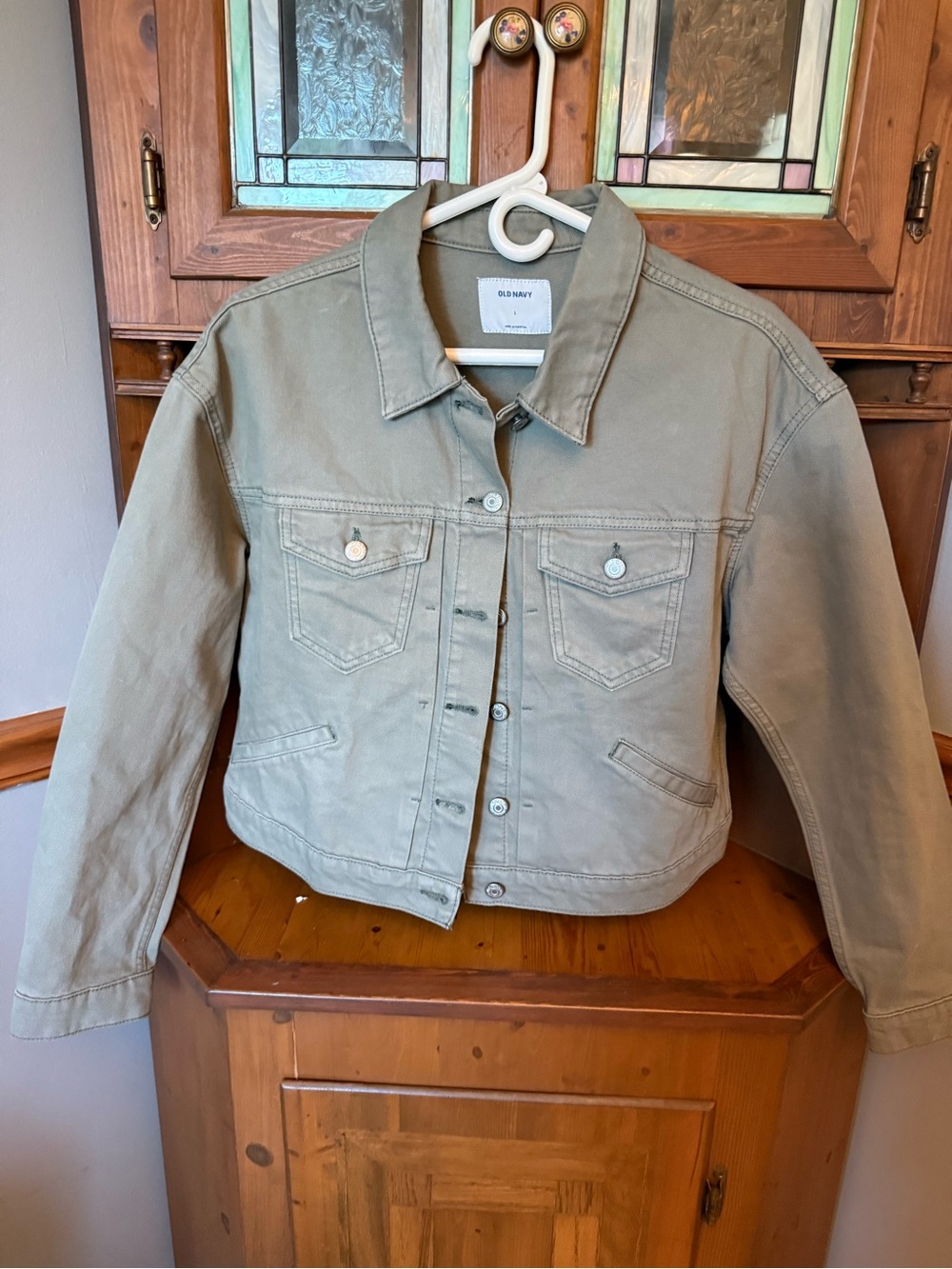 Old Navy Sage Olive Green Cropped Denim Jacket  L